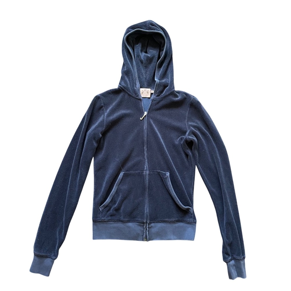 Juicy Couture Navy Blue Velour Zip Up Hoodie J Pull Y2K Made in USA Small